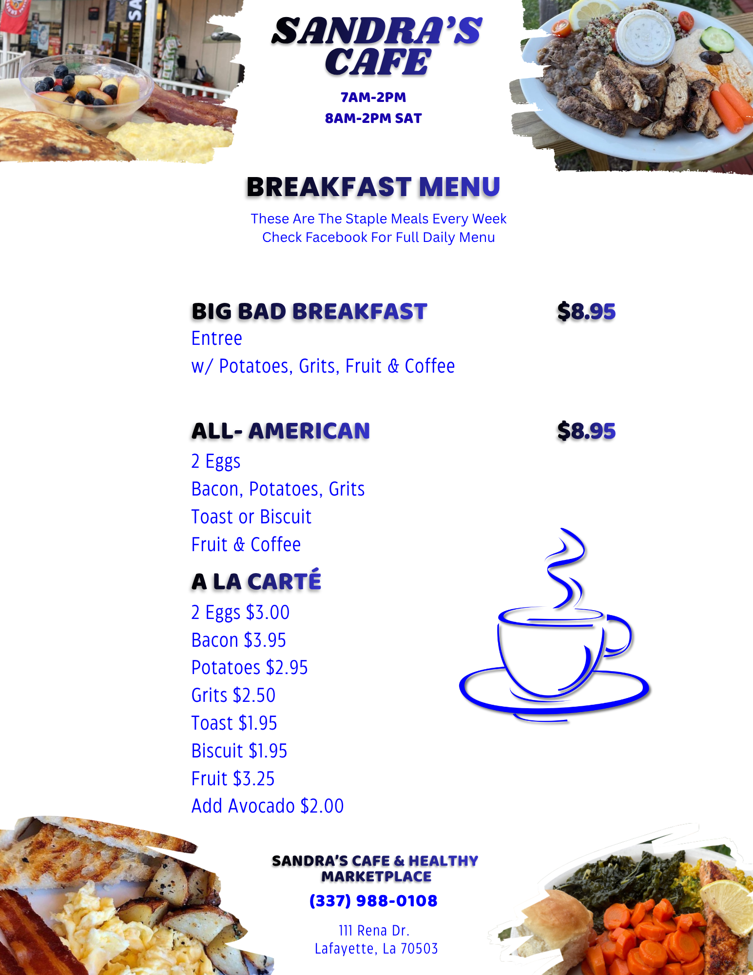 Sandra's Breakfast Menu and Prices